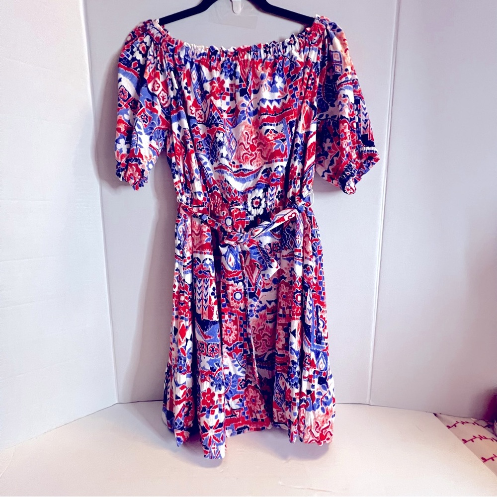 LOFT | Scribble Off The Shoulder Mini Dress, Size XLP, Red, Blue, White.